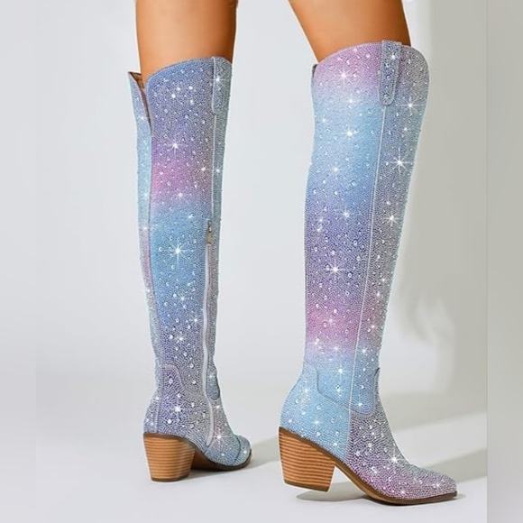 Pastel Rainbow Unicorn Rhinestone Crystal Over The Knee Boots - Picture 3 of 4